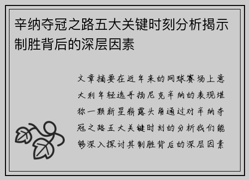辛纳夺冠之路五大关键时刻分析揭示制胜背后的深层因素 辛纳夺冠之路五大关键时刻分析揭示制胜背后的深层因素